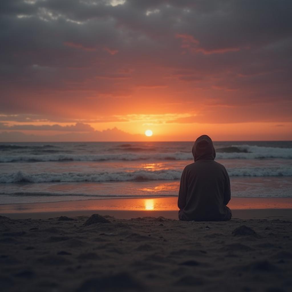 Hình ảnh chill buồn một mình nhìn ra biển vắng lúc hoàng hôn, tâm trạng cô đơn suy tư